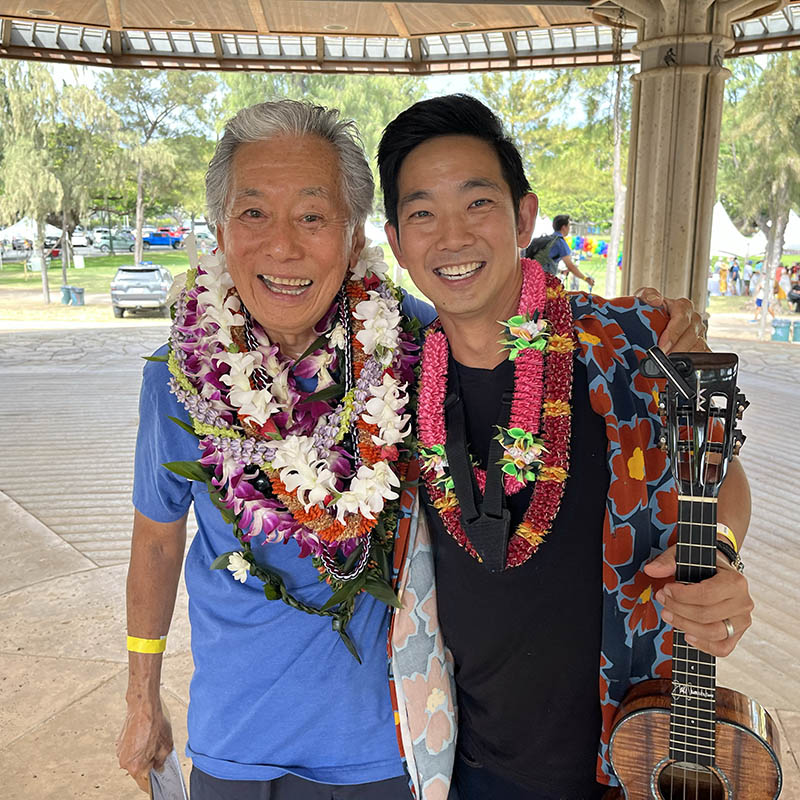 Roy Sakuma with Jake Shimabukuro at his Ukulele Hall of Fame induction, July 2024