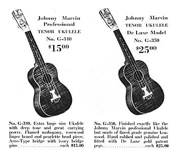 Advertisement for the Johnny Marvin ukulele, showing the mahogany and koa Prince of Wales models